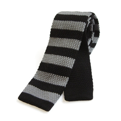 TYLER & TYLER Knitted Wool Tie Stripe Black and Grey