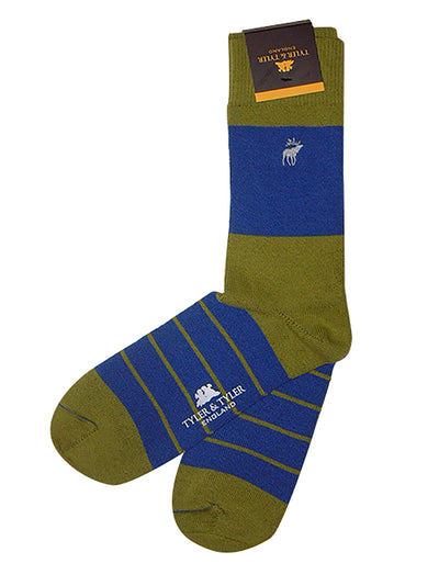 TYLER & TYLER Rich Cotton Men's Socks Single Stripe Green and Blue