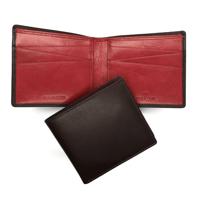 TYLER & TYLER Real Leather Billfold Wallet Bold Brown and Red Inside